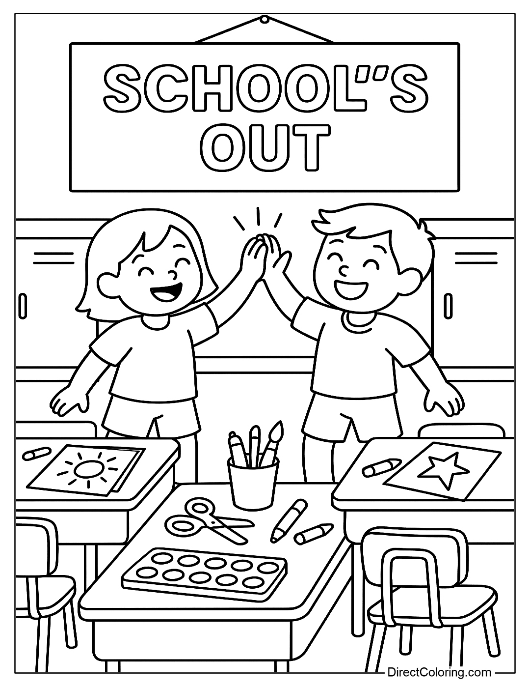 A last day of school coloring page of a classroom with desks covered in art supplies, a “School’s Out” sign, and kids high-fiving